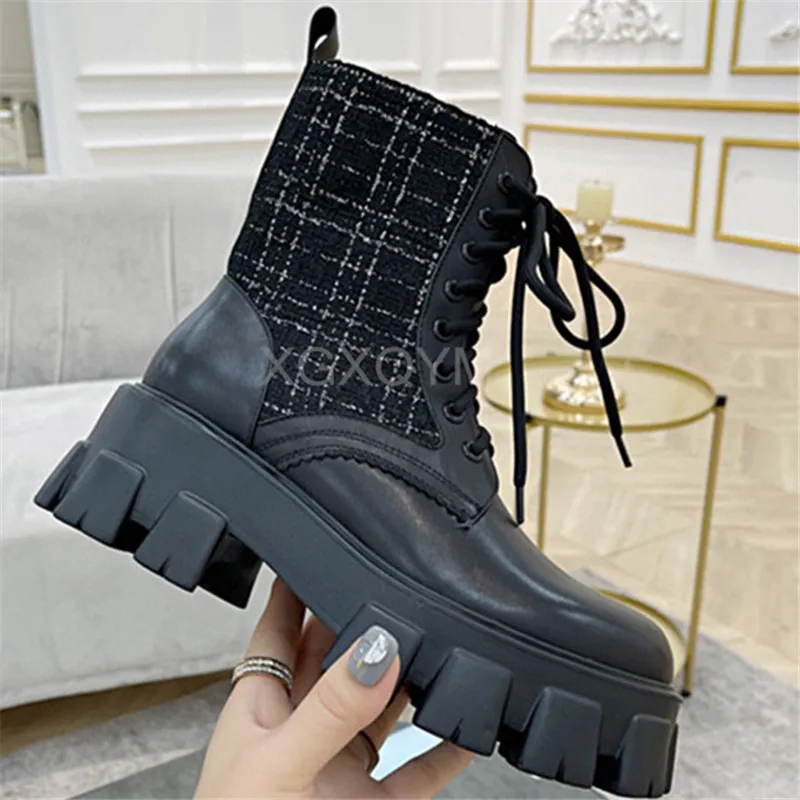 Jual Sepatu Bot Martin Platform Musim Gugur Musim Dingin Desainer Mewah Sepatu Bot Pergelangan Kaki Hitam Berenda Wanita Sepatu Bot Pendek Antiselip Kulit Asli Wanita