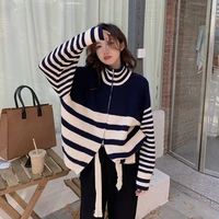 zipper striped sweater women cardigan korean loose outwear thick knitwear long sleeve tops fashion simple