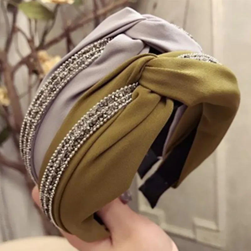 

Crystals Chains Headbands Cross Women Headwear Solid Color Fabric Hair Hoop Adults Hairband Outdoor Headpiece Wide Head Band