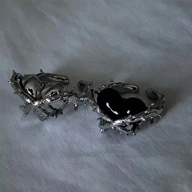 

1PCs Vintage Harajuku Brambles Heart Adjustable Metal Punk Open Rings Hip Hop Gothic Geometric Couple Rings for Women Men Unisex