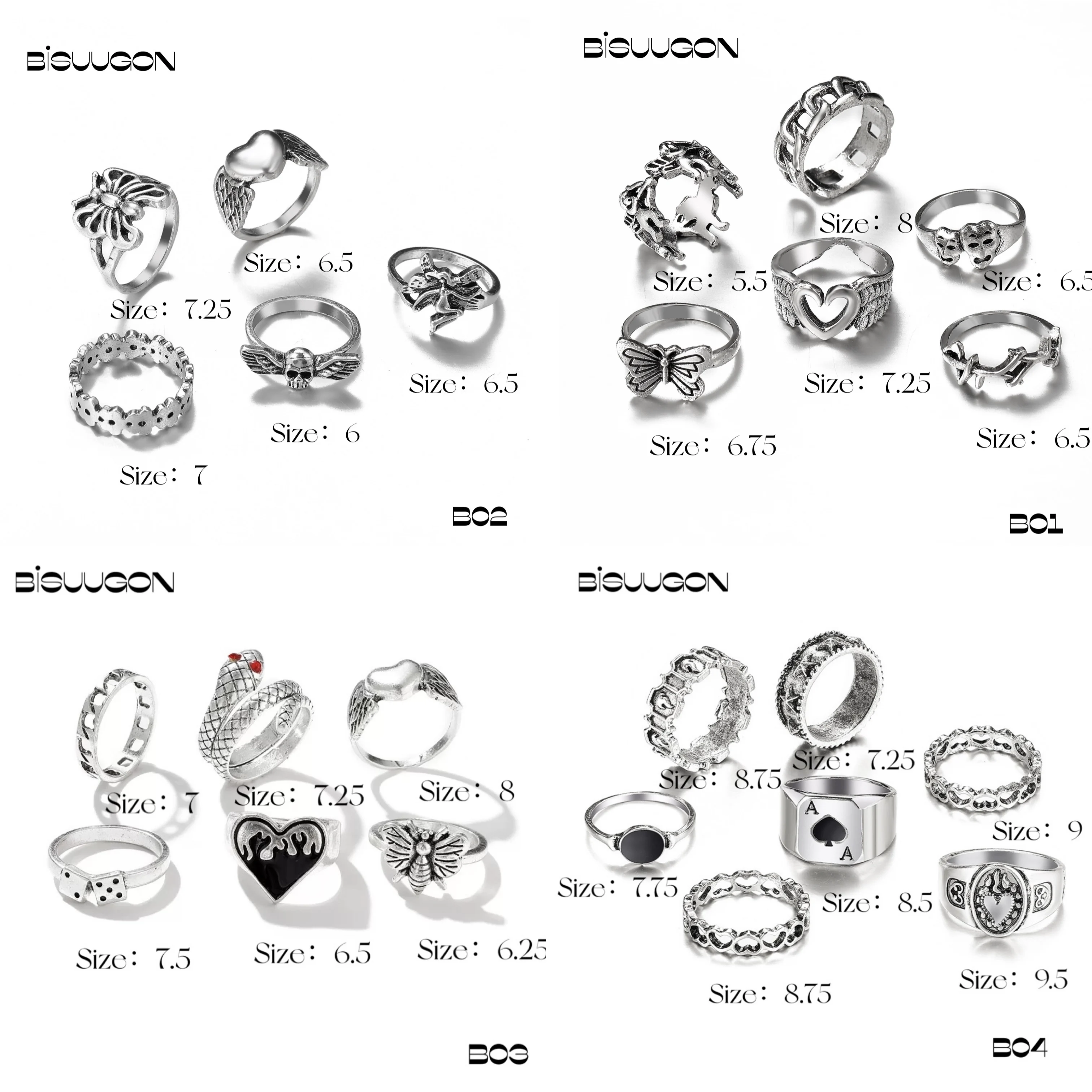 Bisuugon B12 Vintage Silver Finger Women Ring Emo Aesthetic Men Couple Rings Set Jewelry 2021 Trend for Party Wedding Gift |