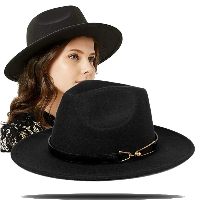 

Шерстяная шляпа-топ, зимняя женская шляпа с большими полями из искусственной шерсти, шляпа-федора с металлической пряжкой для мужчин и женщин, ретро джазовая шляпа, Панама, шляпа