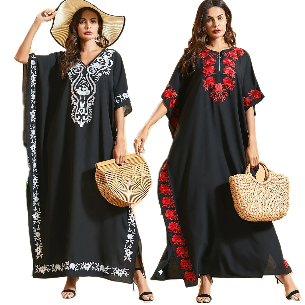 

Muslim Women Loose Abaya Batwing Sleeve Embroidery Oversized Maxi Dress Summer Short Sleeve Robe Middle East Arab Kaftan Gown