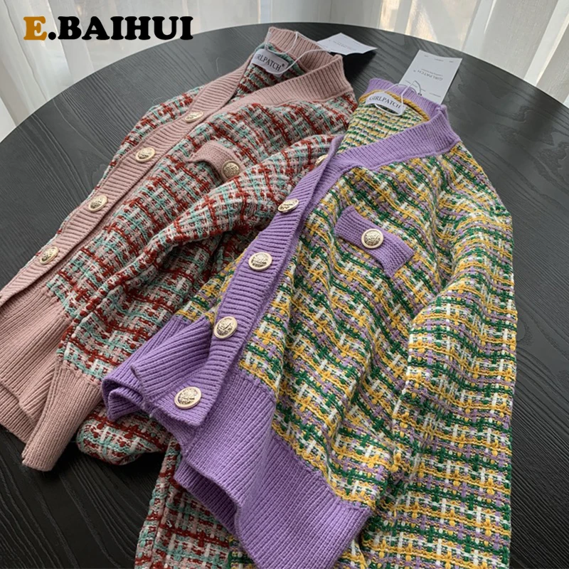 

EBAIHUI весенне-осенние вязаные кардиганы 2020 клетчатый контрастный цвет V-образный вырез свободный длинный рукав вязаный свитер для женщин