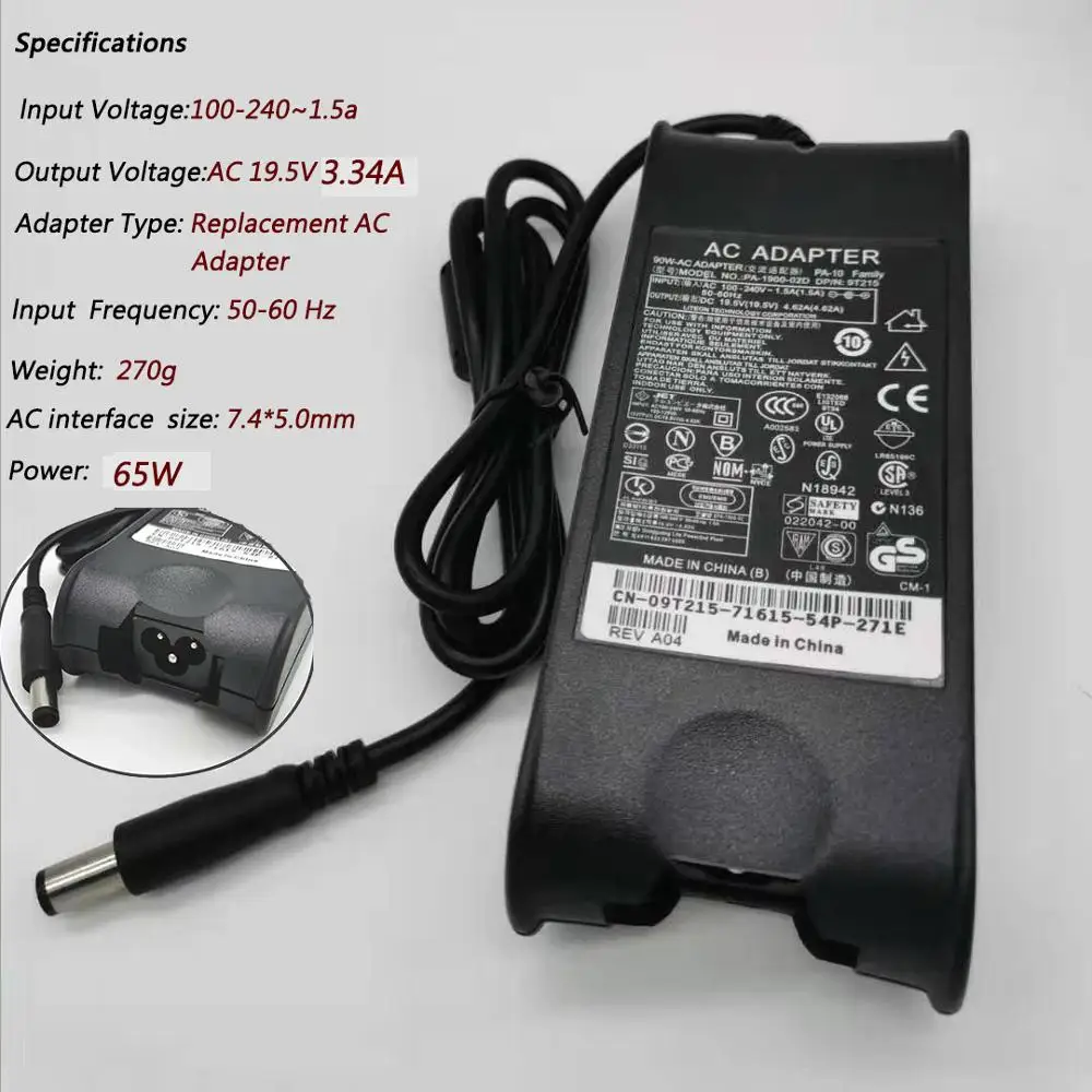 Адаптер для ноутбука HSW Dell 19 5 В 3 34 А 65 Вт Зарядное устройство PA 21 Inspiron 15 1545 1750 XPS