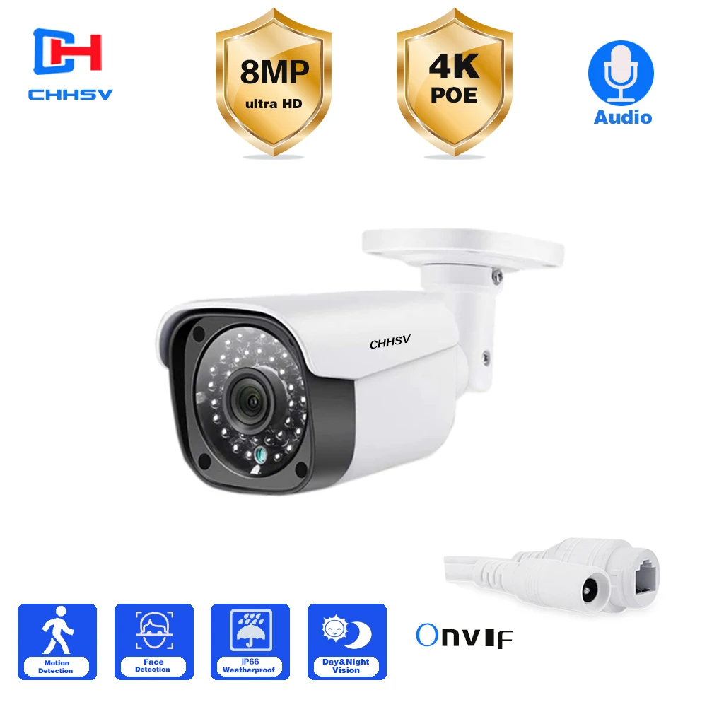 

CHHSV 4K 8MP Dome Outdoor Security Camera POE H.265 CCTV Weatherproof IP Camera Built In Microphone IP 66 ONVIF IR 30m P2P