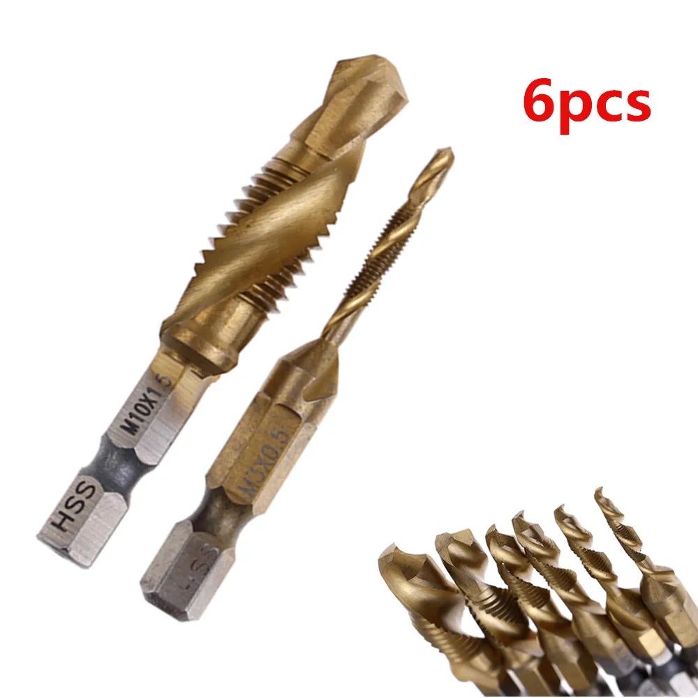 

6pcs/lot High Quality Hex Shank Titanium Plated Screw Thread Drill Bits Set Compound Tap M3 M4 M5 M6 M8 M10
