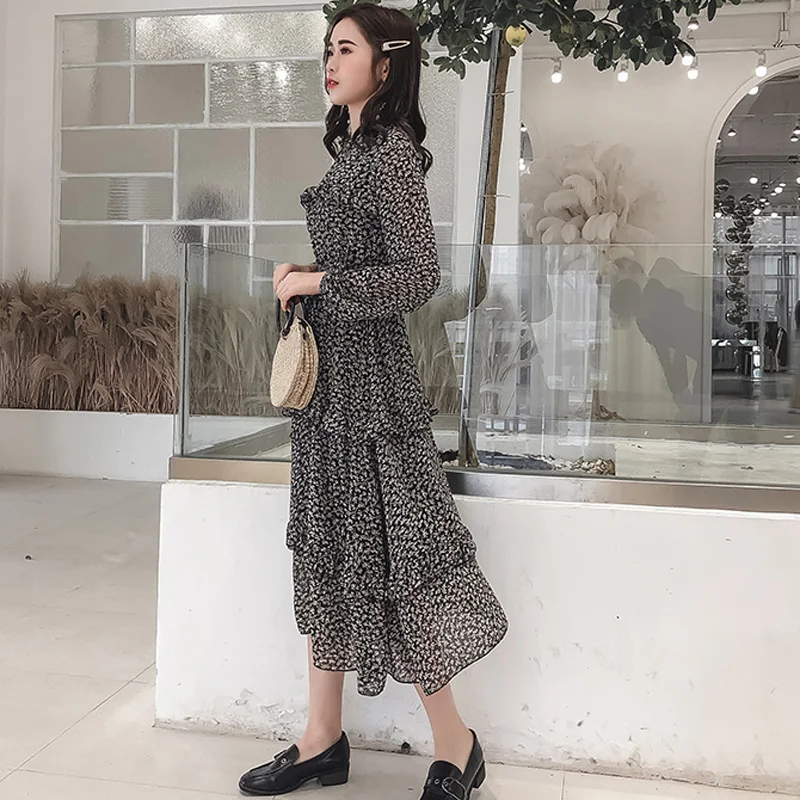 BGTEEVER Vintage Floral Print Chiffon Dress Women Ruffles Elastic A-line Female Midi 2019 Autumn Chic Vestidos Femme Женская одежда