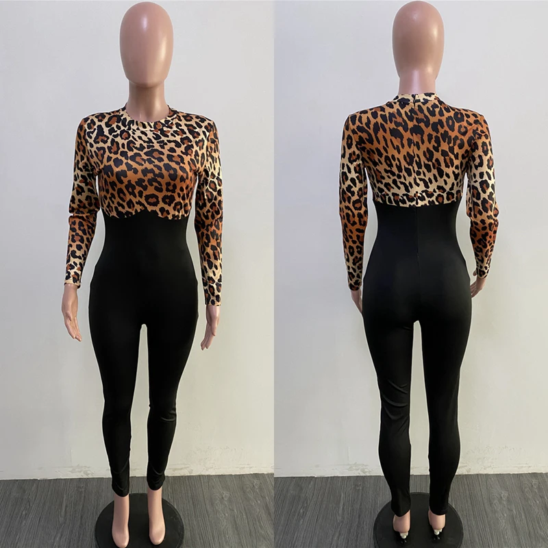 

ZKYZWX Leopard Splic Long Sleeve Bodycon Rompers Womens Jumpsuit Slim Fall Clothes Sexy Body Overall Party Club One Piece Outfit