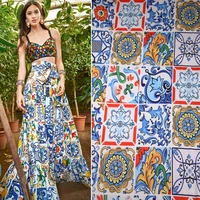 145cm width fashion blue and white porcelain lemon imitate silk satin fabric for woman dress blouse sleepwear diy cloth sewing