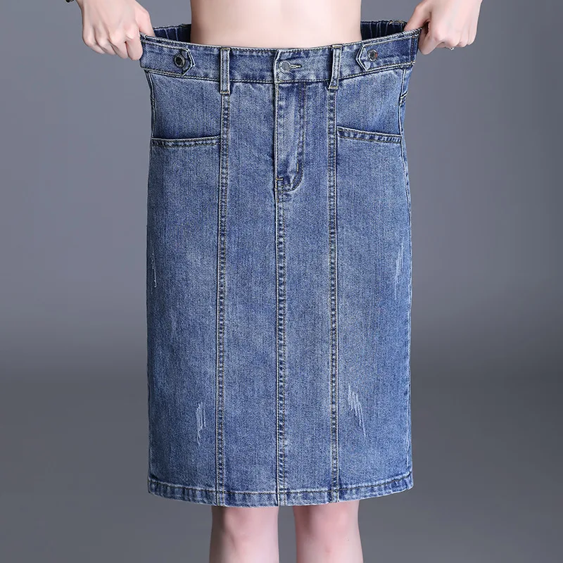 

2021Summer New High Waist Slim Stretch Simple Blue Denim Skirt All-match Casual Plus Size Women A-line Short Skirt Free Shipping