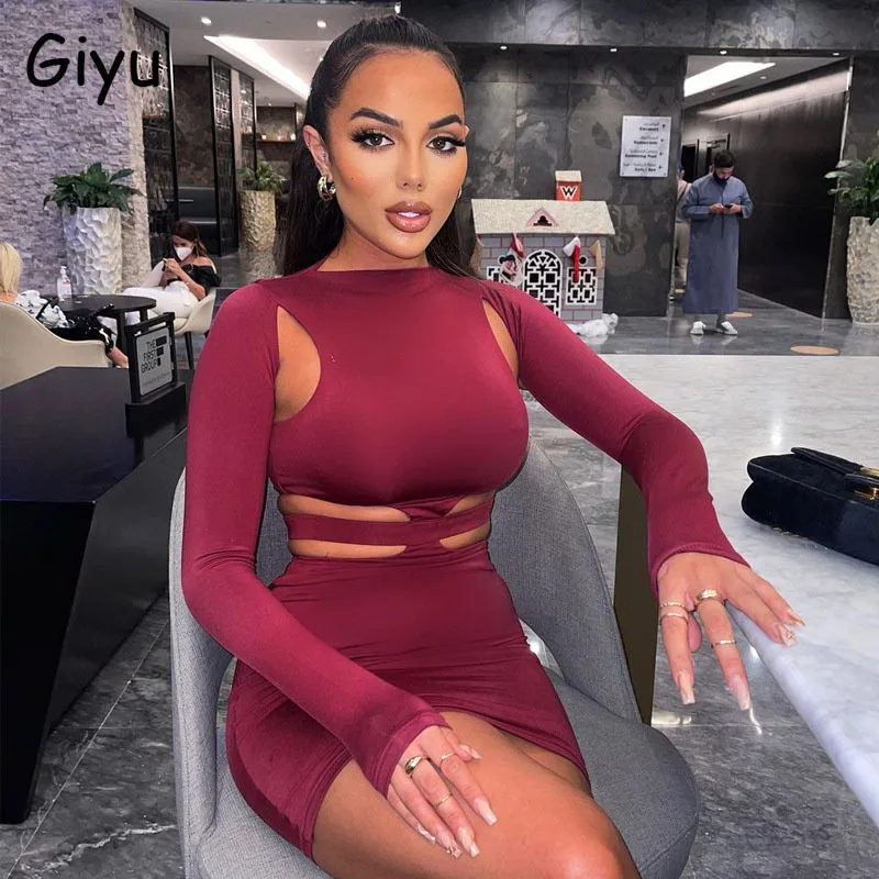 

Giyu Sexy Bodycon Dress Women Clothes 2021 Summer Club Party Hollow Out Mini Dresses Autumn Casual O Neck Long Sleeve Vestidos