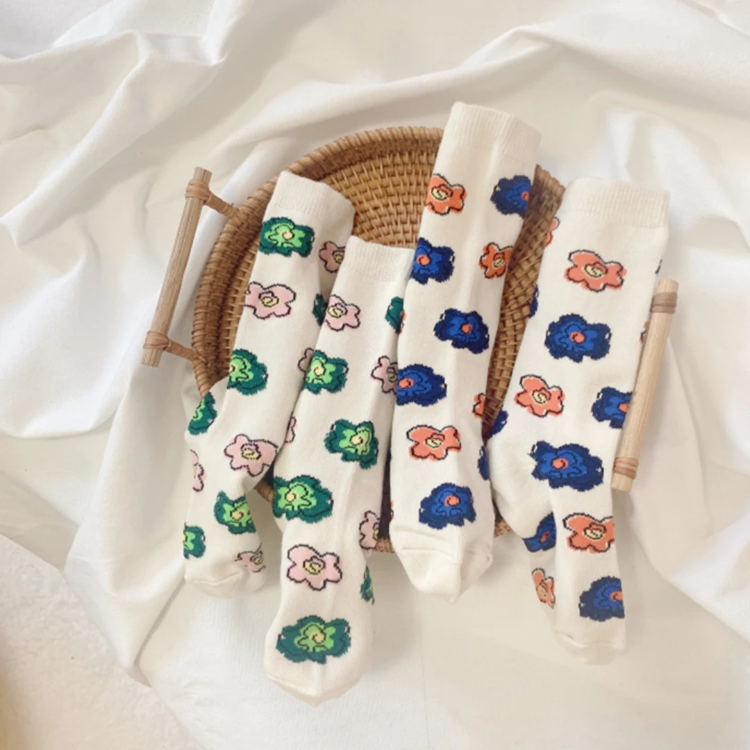 Calcetines de algod&oacute;n peinado con flores para ni&ntilde;a, medias de estilo Retro coreano, para primavera y oto&ntilde;o, 4 pares, novedad-4