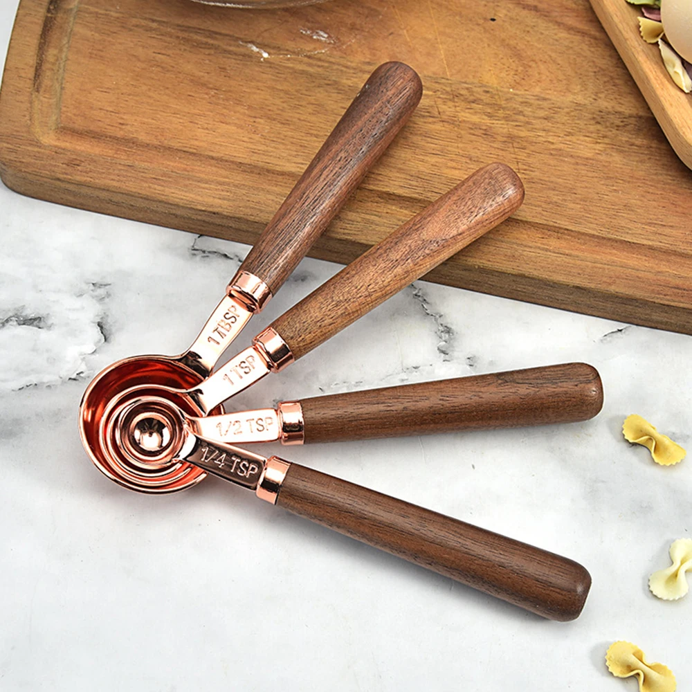 

8pcs Kitchen Measuring Tool Plating Measuring Cups Spoon Walnut Wooden Handle Rose Gold Measuring Cups Measuring Spoon Scoop
