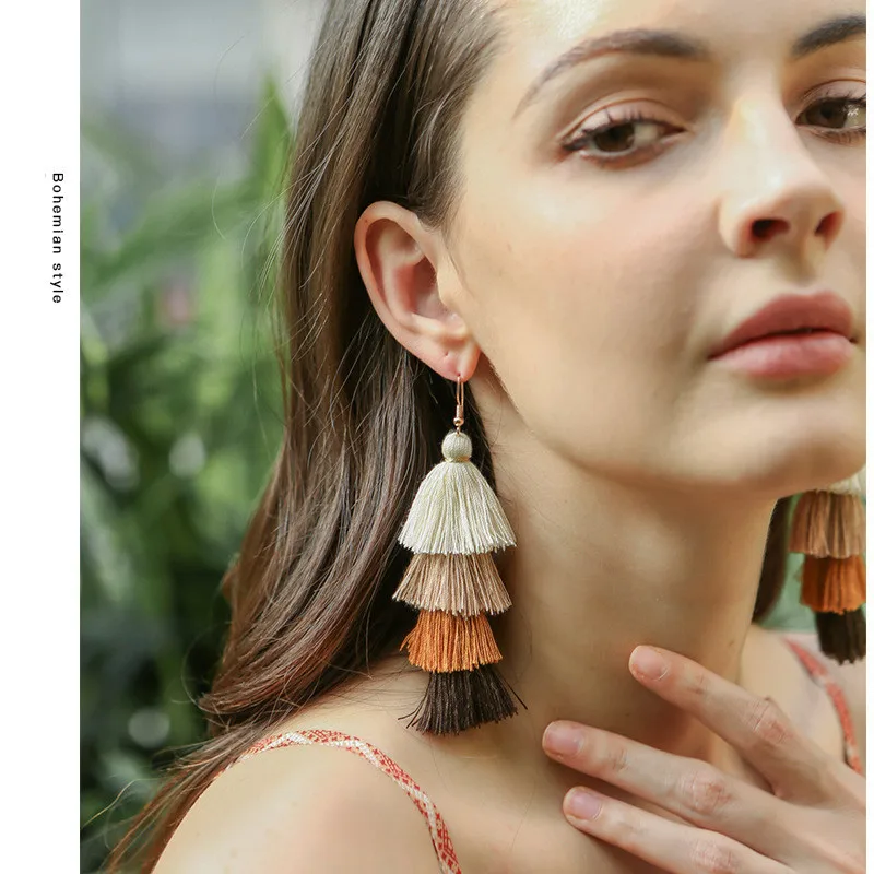 Bohemia 4 Layered white Tassel Earrings Dangle Fashion Jewelry Multi color Statement Fringe Long oorbellen For Women | Украшения и