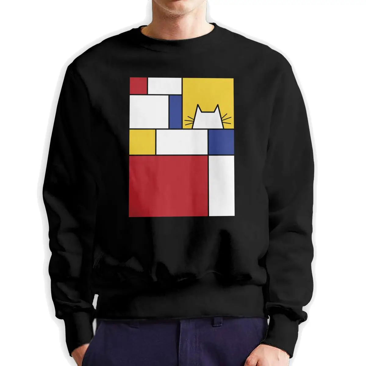 

Мужские свитшоты Mondrian с котом, винтажный хлопковый пуловер с круглым вырезом, подарок, художественная Толстовка для мужчин