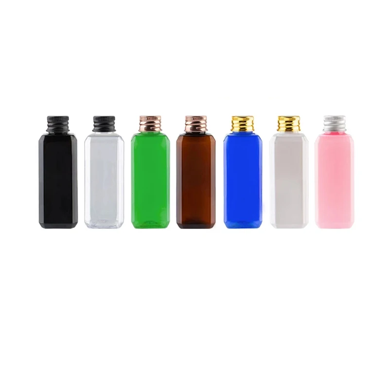 

50pcs 50ml Transparent Square PET Bottle Cosmetic Lotion 1.7OZ Empty Plastic Liquid Bottle With Silver Gold Aluminum Cap