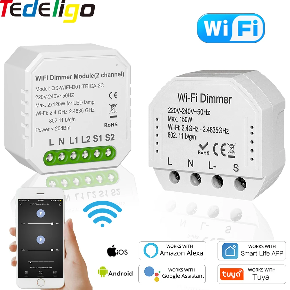 

Tuya Smart Life WiFi Dimmer Light Switch 1/2Gang 220V LED Breaker Module Wireless Voice Remote Control Timer Google Home Alexa