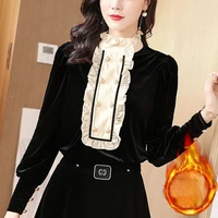 womens gold velvet long sleeved blouse 2022 autumn winter new fashion wood ear stand collar shirt stitching bottoming shirt