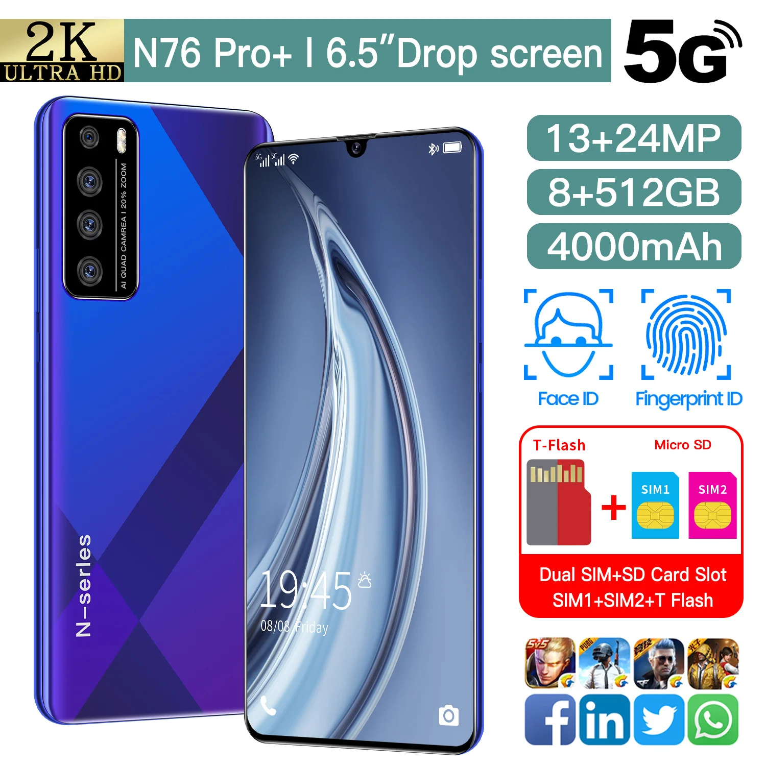 

2021 N76Pro+ 6.5 Inch 8+512GB 13+24MP 10 Core Dual SIM 4800mAh Mobile Phone 5G LTE Bands Smart Phone MTK6792 Andriod 9.1 Celular