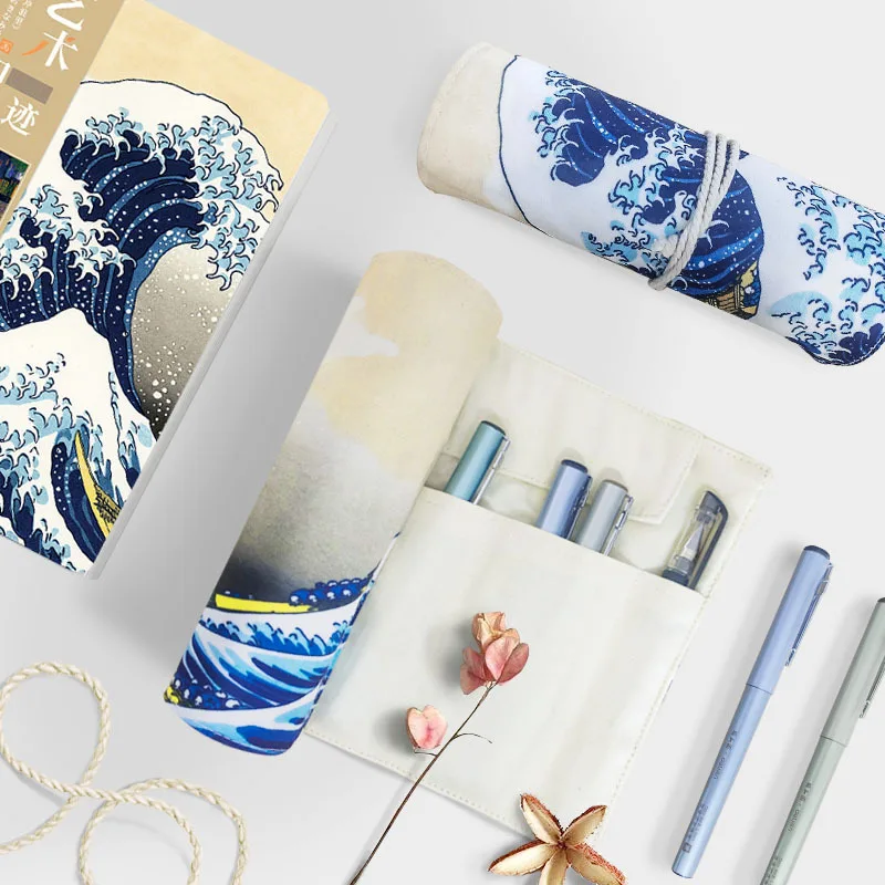 

Japanese The Great Wave Rolling Pencil Case Crayon Fabric Pencil Bag Rollerball Pen Storage Bag Pencil Roll for School Supplies