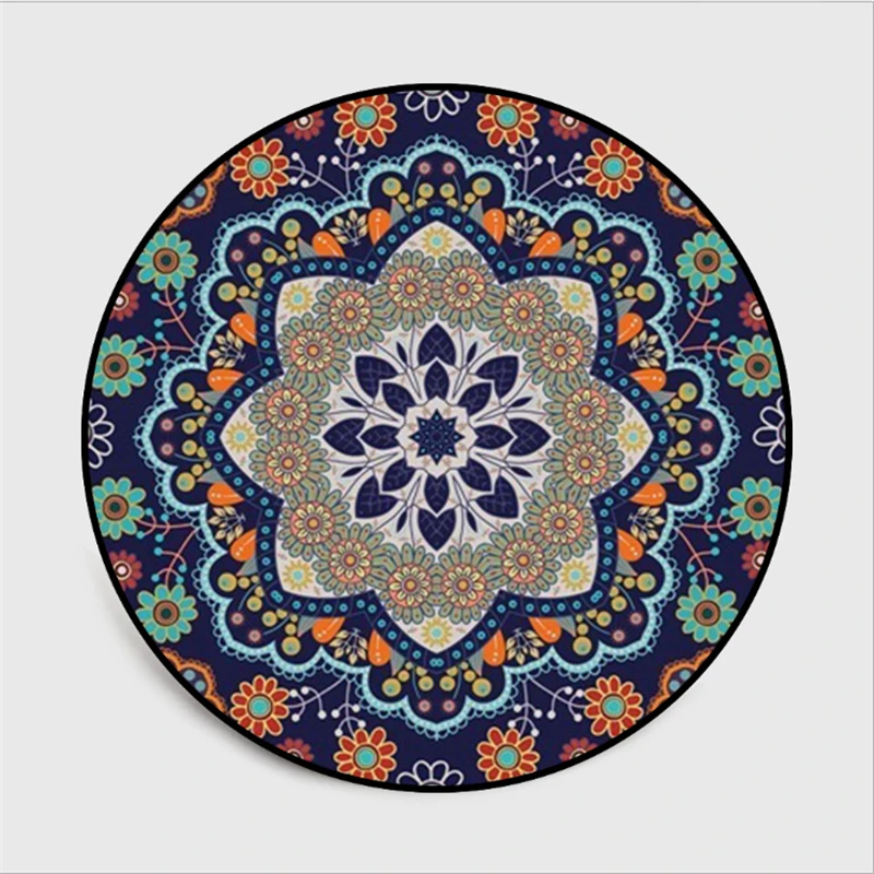 Круглый ковер в этническом стиле темно синий цветочный Фотофон для гостиной