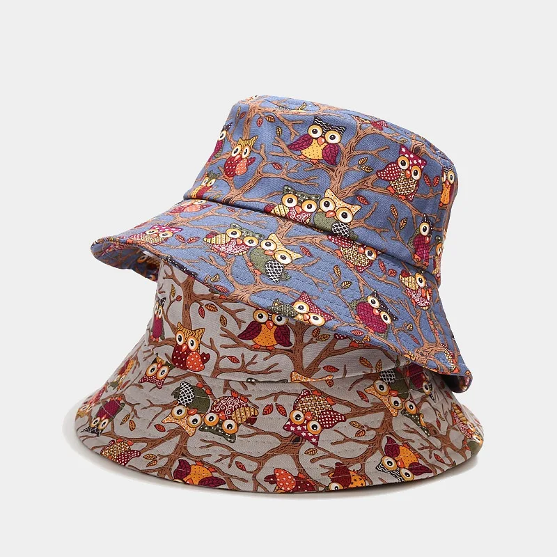 

New Style Bucket Hat Literary Retro Owl Pattern Fisherman Hat Summer Outdoor Outing Sun Hat Women's Basin gorras hombre