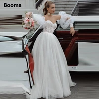 booma pleated tulle beach wedding dresses long puff sleeves off shoulder bride dresses open back lace appliques bridal gowns