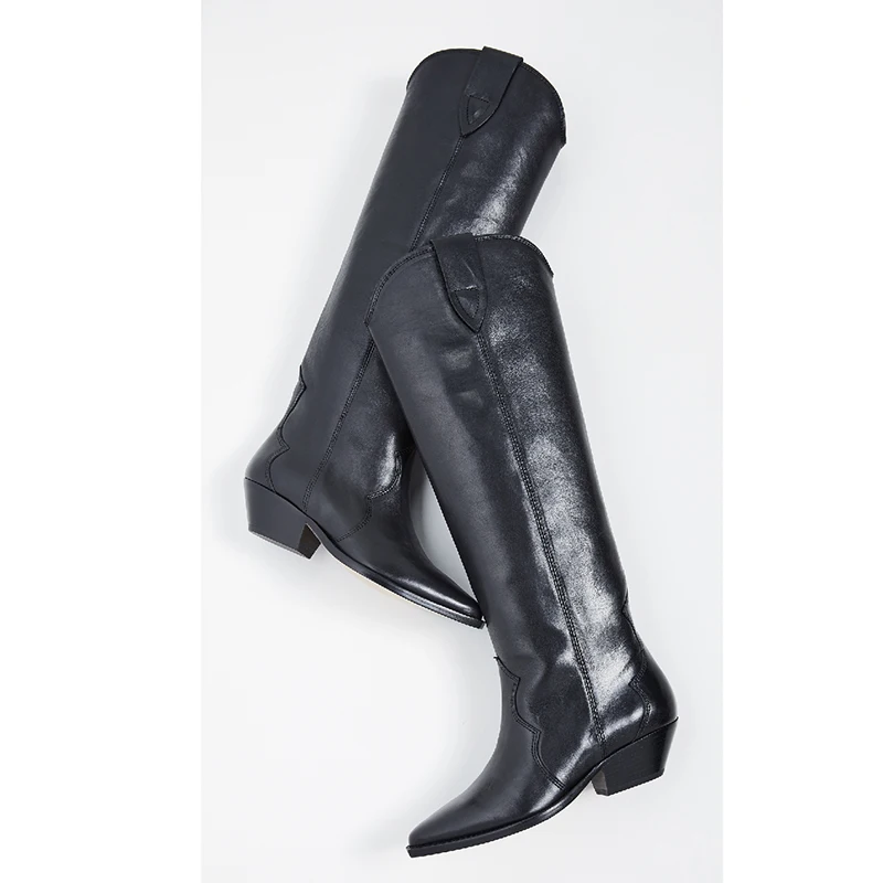 Женские ковбойские сапоги до колена из натуральной кожи с острым носком и