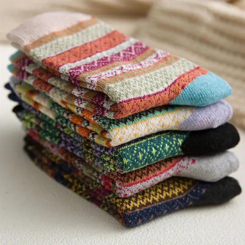 

5 Pair Warm Winter National Thick Stripe Knitted Wool Socks Geometry Unisex Sock