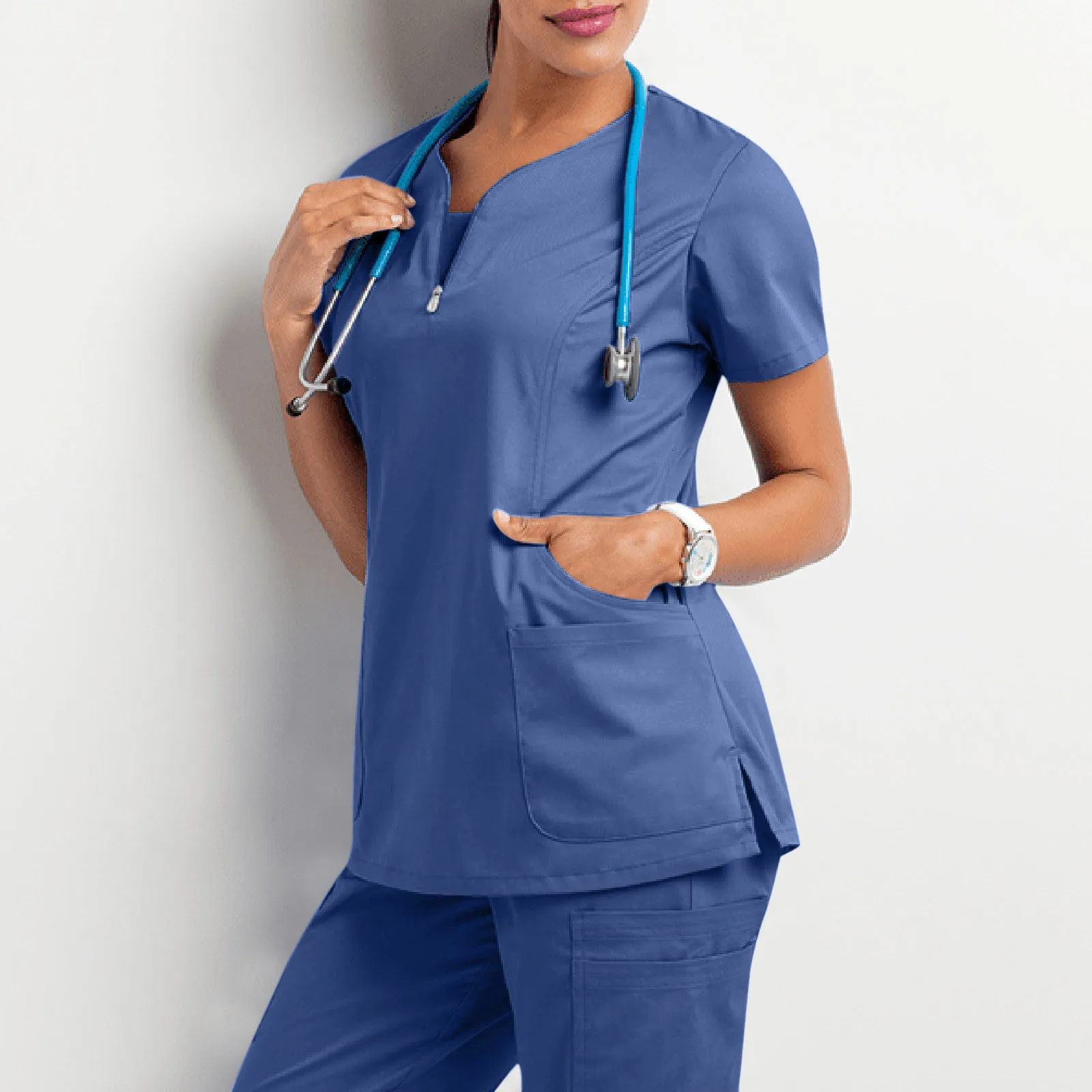 

Plus Size 3XL Nursing Working Scrubs Tops Short Sleeve V-Neck Pocket T-shirt Hospital Carer Nurse Uniform футболка женская A40