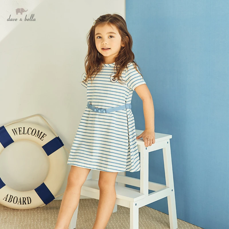 

DKH17013 dave bella summer girl's 5Y-13Y fashion cartoon bow print draped dress children sweet dress kids infant lolita clothes