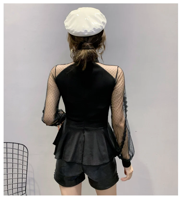 

Autumn Women clothes Sexy long-sleeve Mesh Tops Patchwork Lace T shirt Korean style Hollow out shirt