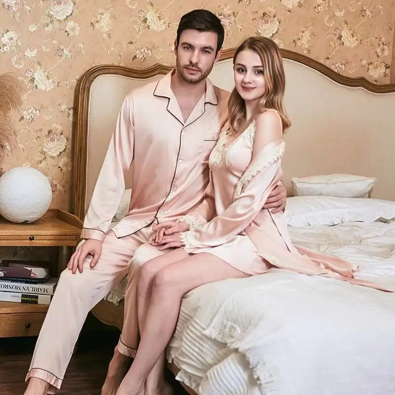 Пижама из шелка и сатина, пижама для пары, набор для женщин и мужчин, домашняя одежда, пижама с длинным рукавом, длинные штаны, одежда для сна, комплект из 2 предметов, домашняя одежда