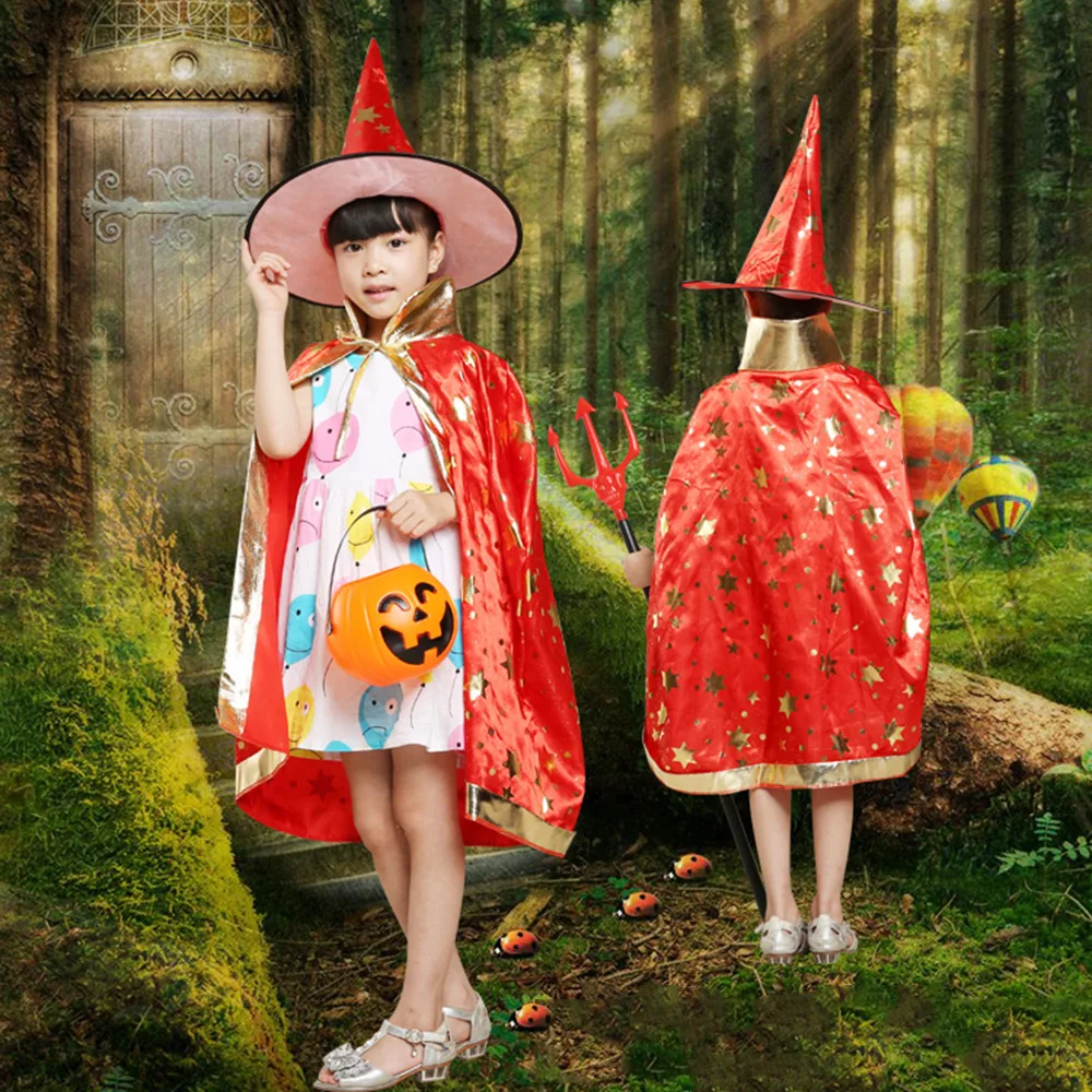 Детский комплект с накидкой ведьмы волшебника и шапкой блестящий Рисунок со