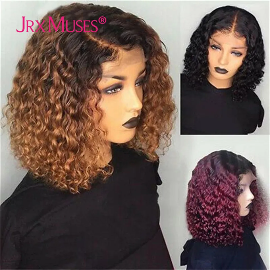 

1B/27 Ombre Color Short Curly Human Hair Wigs Pre plucked Burgundy Malaysian Remy Curly Lace Front Bob Wigs Bleached Knots