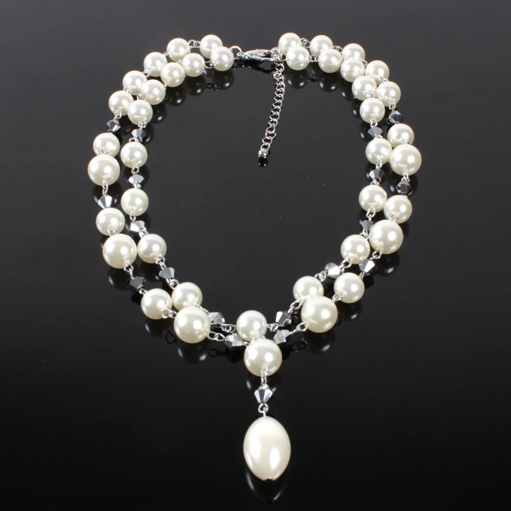 Модные бусы жемчуг Двухслойное ожерелье с кисточкой серьги ключицы белый