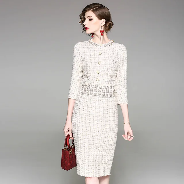 Женское шерстяное платье-карандаш твидовое элегантное офисное средней длины