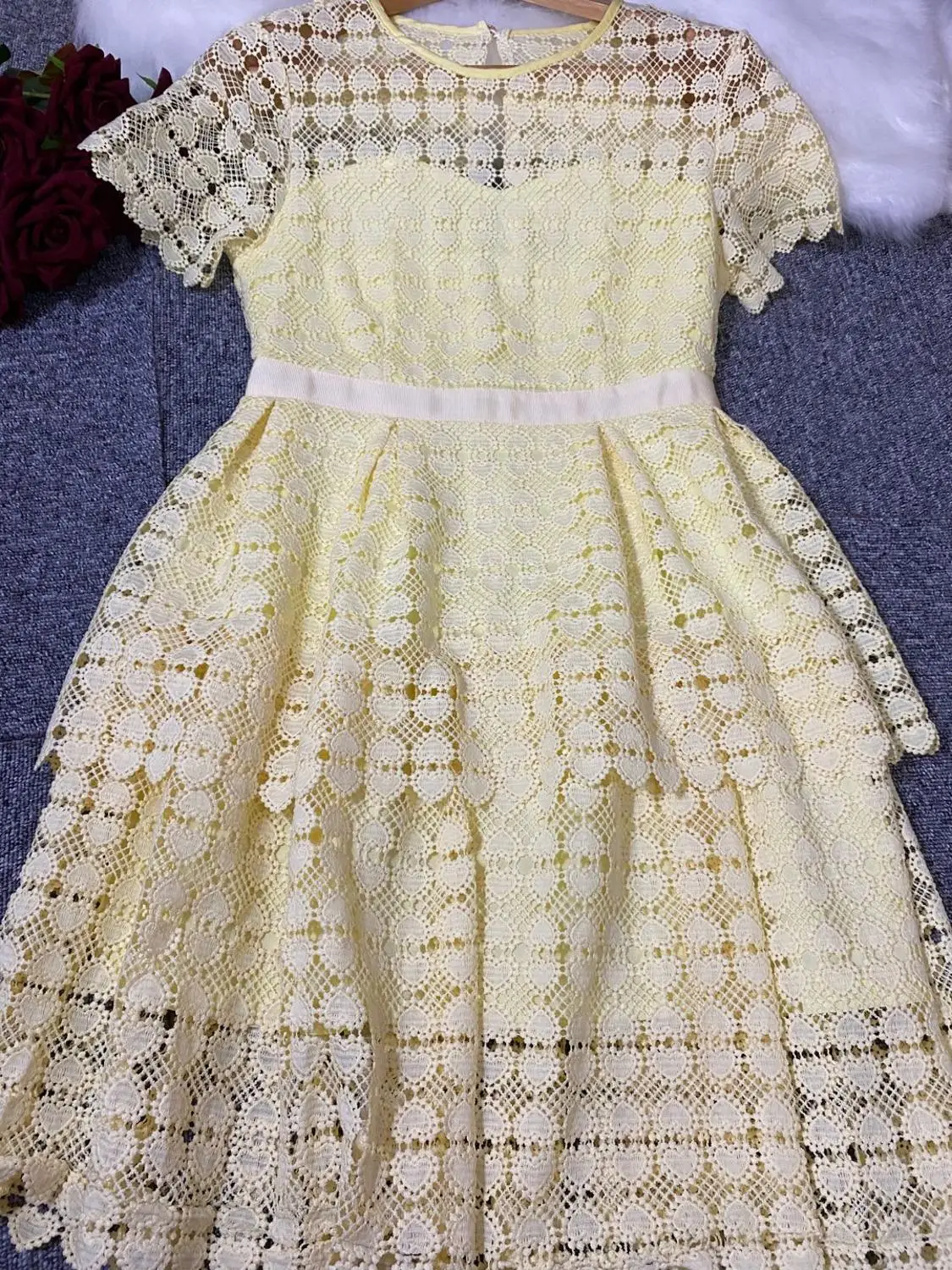 SMTHMA 2022 New Arrival Summer Yellow Dress Women Short Sleeve Lace Slim Hollow Out Female Mini Dresses Vestidos | Женская одежда