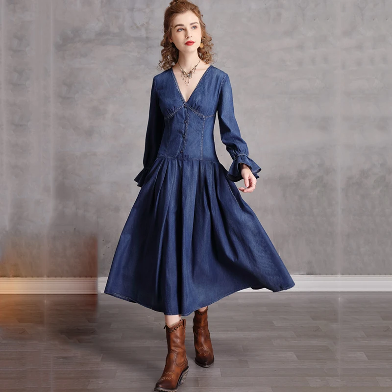 

SeeBeautiful Vintage Pleated Stitching Loose A-line Denim Dress V-neck Flare Sleeve Button Woman Summer 2022 New Fashion E516