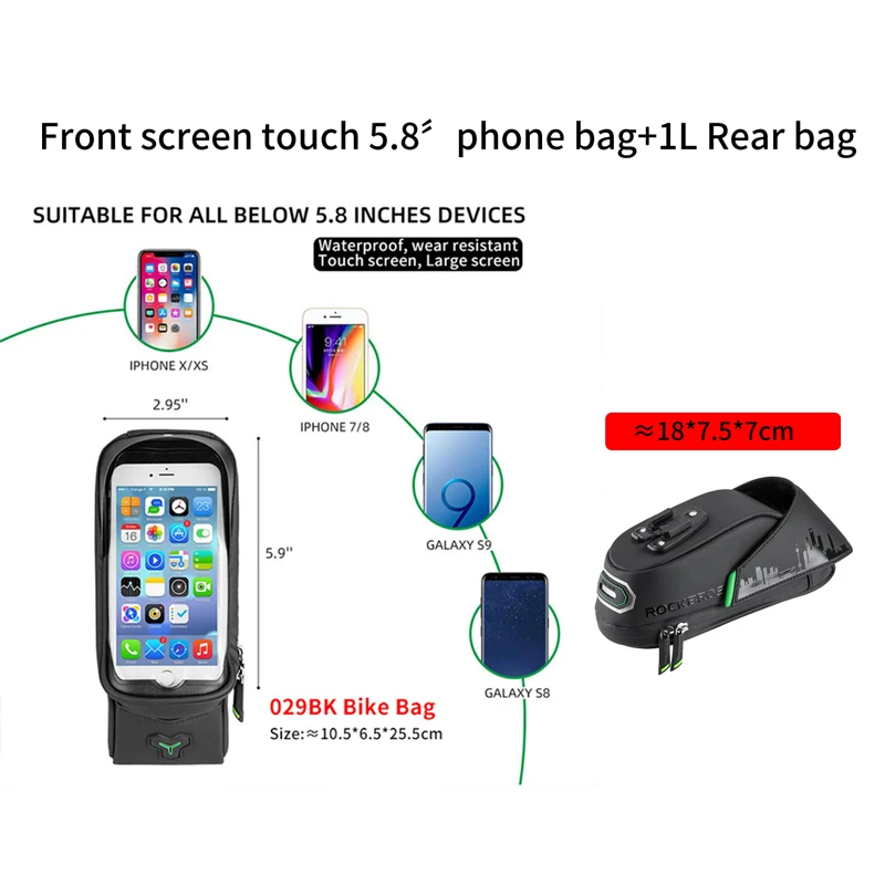 5.8in and rear bag ROCKBROS 6 дюймов велосипедные сумки Передняя сумка для телефона чехол прочный водонепроницаемый Сенсорный экран MTB дорожный Сверхлегкий велосипед большая сумка аксессуары - Цвет: 5.8in and rear bag