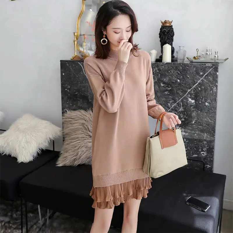 Плиссированное шифоновое женское трикотажное платье свитер с подолом Модный