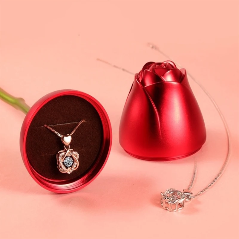 

Brilliant Rose Flower Jewelry Packaging Ladies Cubic Zirconia Necklace Alloy Quality Gift Box Wedding Valentine's Day Gift