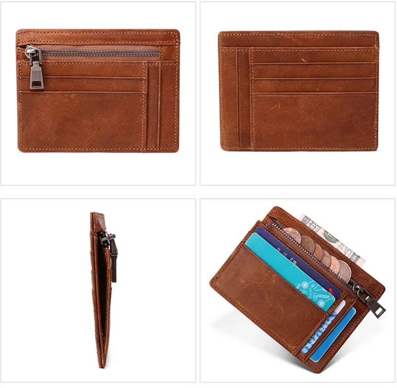 

Vintage Natural Leather Ultra-thin Compact Wallet Slim Men Women Wallets 8 Card Holders Zipper Pocket Coin Purse Short Cowhide