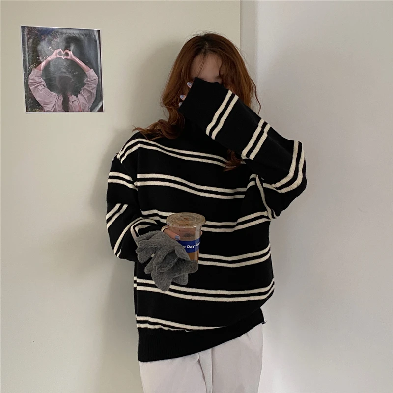 

4Colors Autumn Winter 2022 Women Pullovers and Sweaters Jumper loose Stripe knitted Warm Turteleneck Sweater Female (N0226)