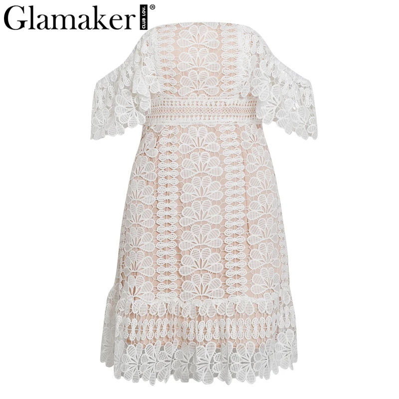 Женское ажурное офисное платье Glamaker белое элегантное кружевное с коротким