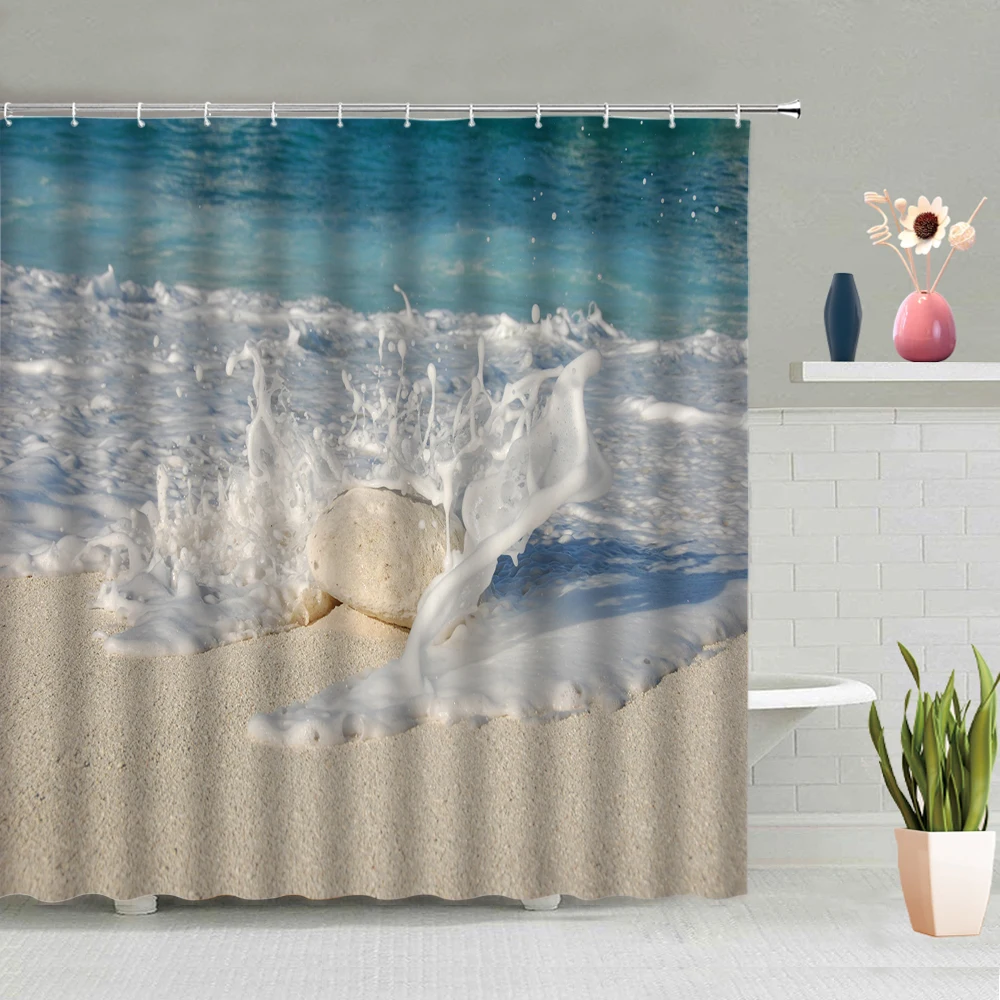 

Shower Curtain Sea Beach Sand Stone Butterfly Flowers Green Leaf Pattern Bathroom Decoration Shower Curtains With Hooks Set