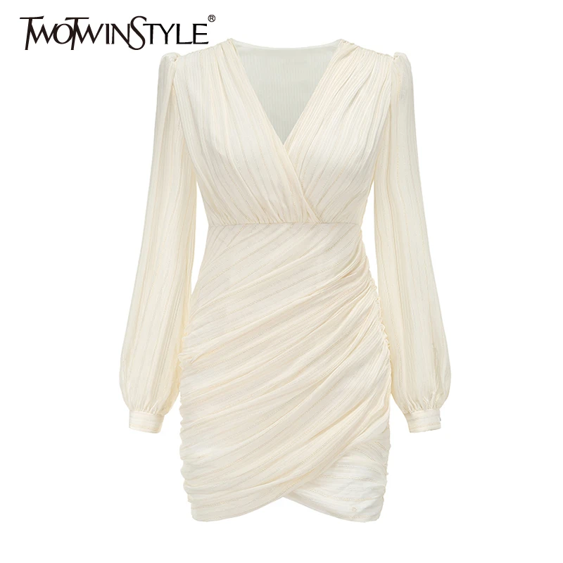 

TWOTWINSTYLE Elegant White Ruched Slim Mini Dress Female V Neck Long Sleeve Gathered Waist Bodycon Dresses For Women 2021 Summer