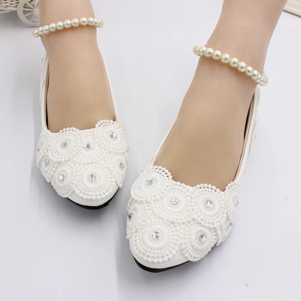 BaoYaFang Rhinestone Pearl foot chain high heel women's white handmade wedding shoes