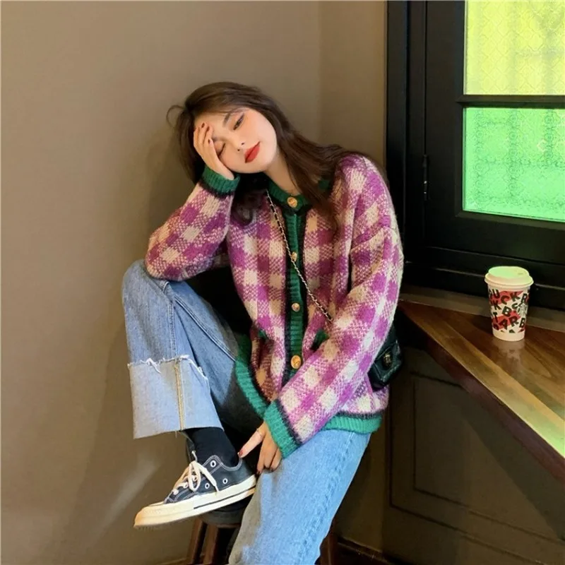 Женский винтажный кардиган в клетку Gaganight розовый вязаный с длинным рукавом и